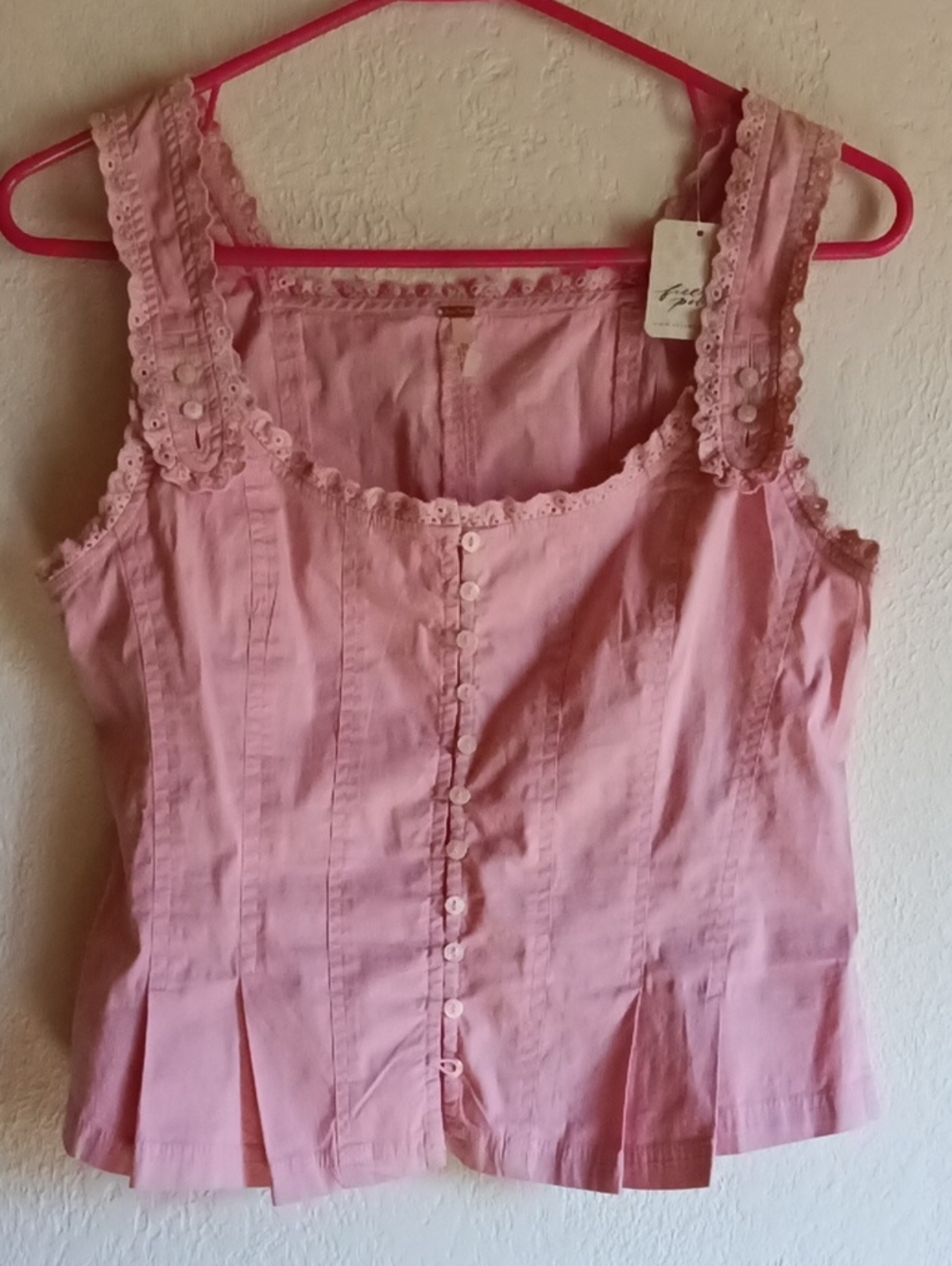 Free People Pink Lace-Trim Button Tank
